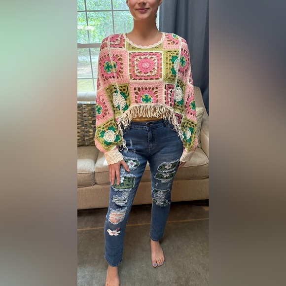 Women's Blue Distressed Jeans with Green Patchwork NEW ALL SIZES - Picture 4 of 5